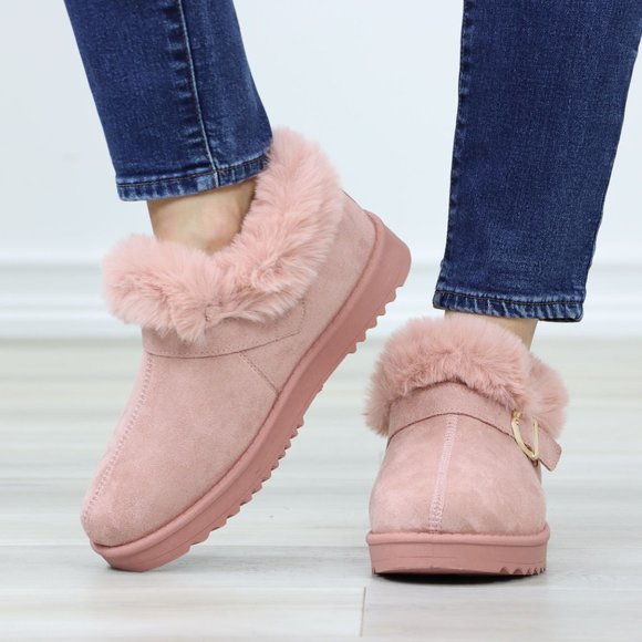 Faux Pink Suede Fuzzy Warm Ankle Booties Super Cozy Fully Lined - Picture 10 of 13